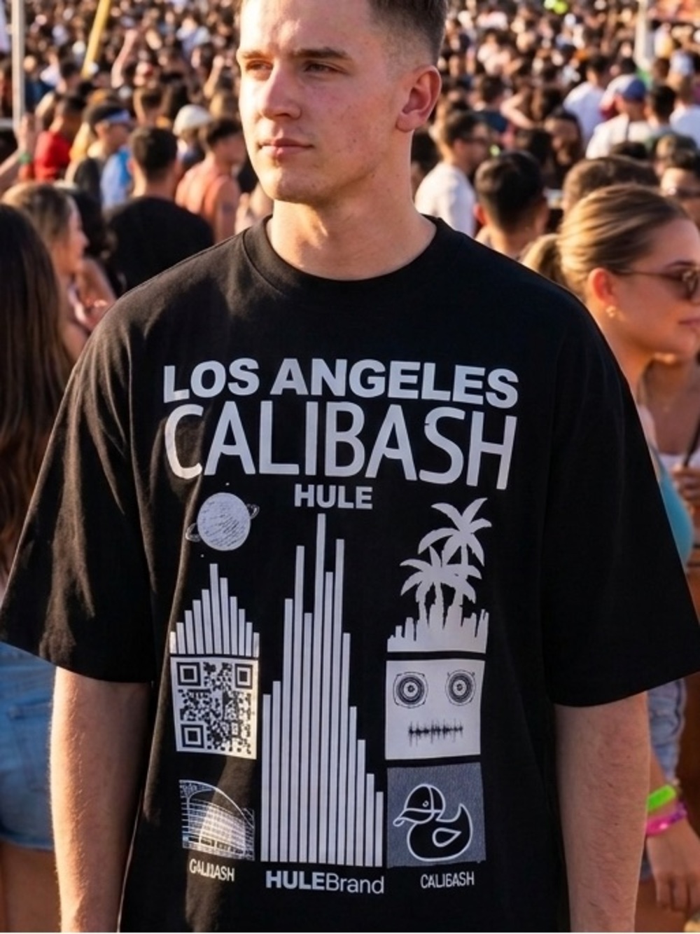 HULE Brand Los Angeles Calibash Festival Graphic T-Shirt Black Size M Streetwear
